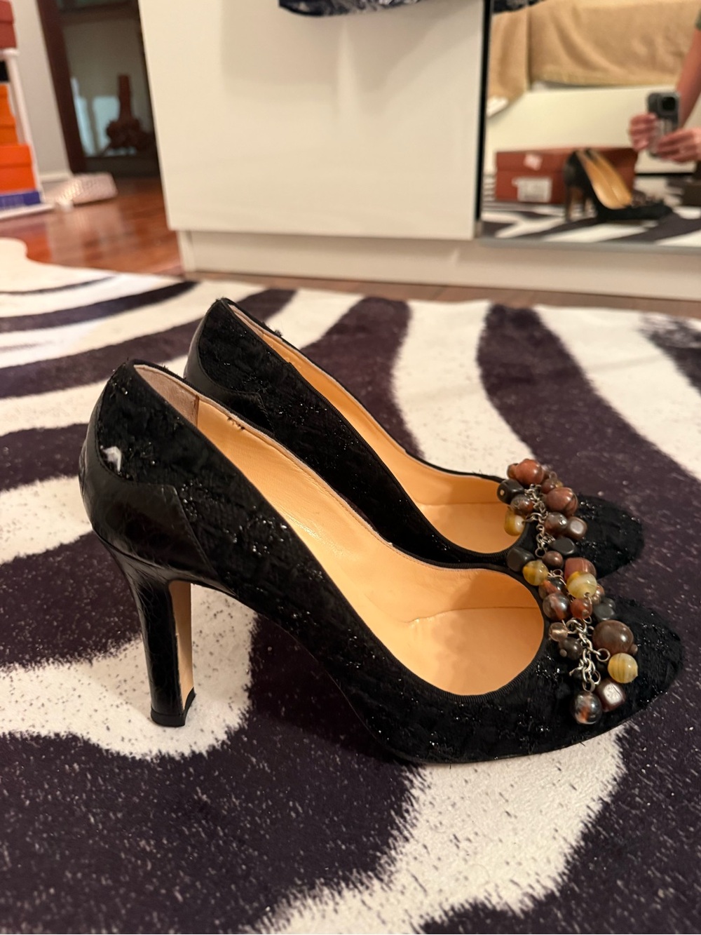 Cole Haan Black Patent Beaded Chain Accent Heels